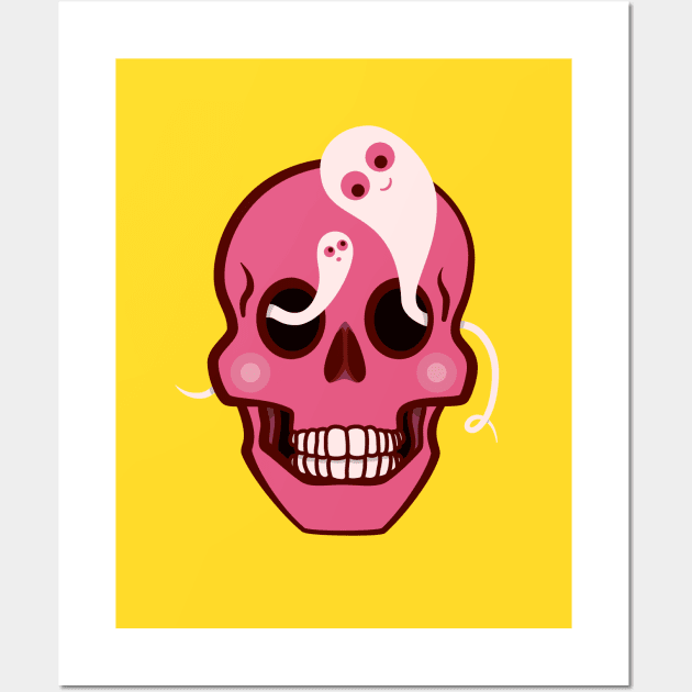 Funny Skull With Cute Ghosts In Eye Sockets Wall Art by Boriana Giormova